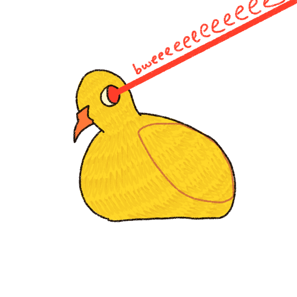 digital art of a yellow rubber duck shooting a red laser beam out of its eye with a  'bweeee' sound effect